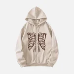 Beige Ribcage Skeleton Zip Up Hoodie