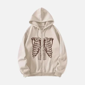 Beige Ribcage Skeleton Zip Up Hoodie