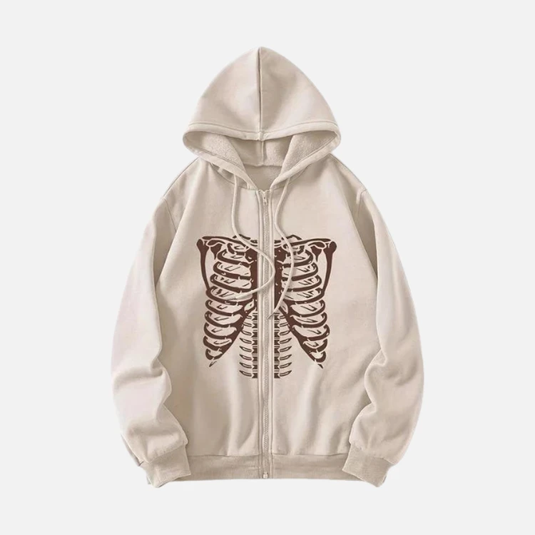 Beige Ribcage Skeleton Zip Up Hoodie Beige Ribcage Skeleton Zip Up Hoodie