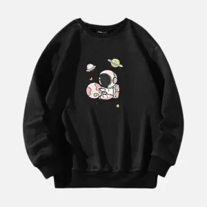 Black Cute Astronaut Print Sweatshirt