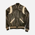 Black Leather Varsity Jacket With Cream Trim