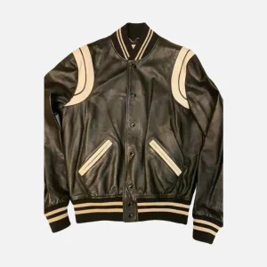 Black Leather Varsity Jacket With Cream Trim