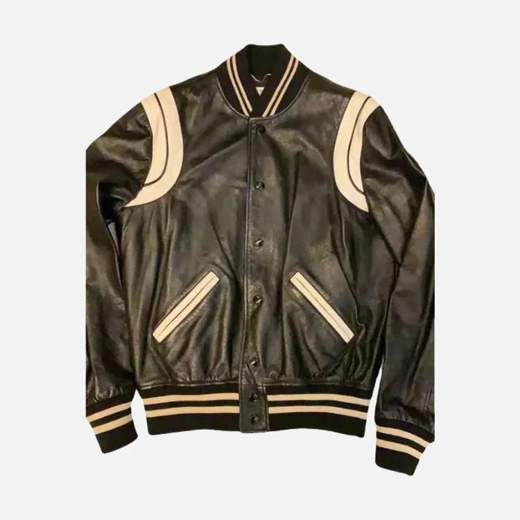 Black Leather Varsity Jacket With Cream Trim Black Leather Varsity Jacket With Cream Trim