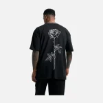 Black Line Art Rose Back Print T-Shirt