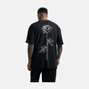 Black Line Art Rose Back Print T-Shirt