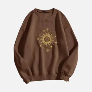 Brown Celestial Sun Print Oversized Sweatshirt