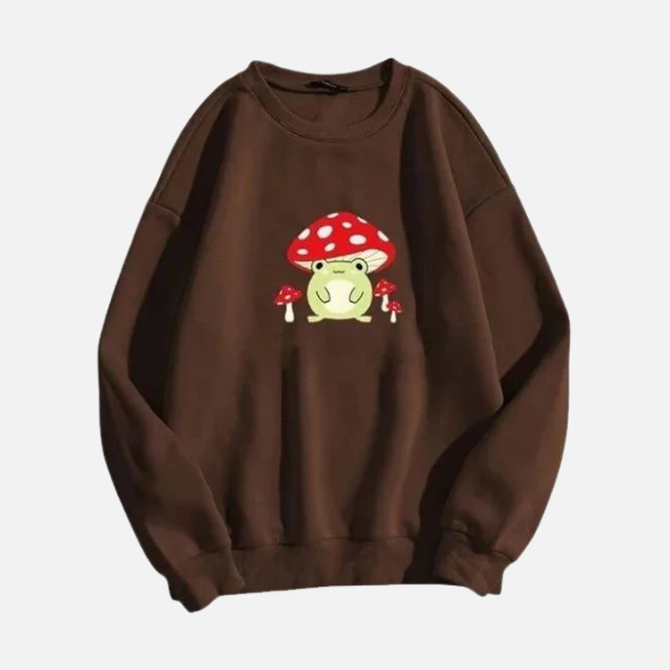 Brown Mushroom Frog Print Sweatshirt Brown Mushroom Frog Print Sweatshirt