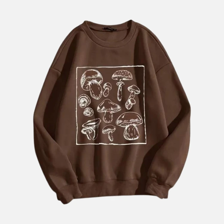 Brown Mushroom Sketch Print Sweatshirt Brown Mushroom Sketch Print Sweatshirt