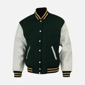 Dark Green White Sleeve Varsity Jacket