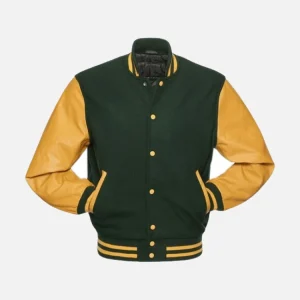 Green And Gold Leather Sleeve Varsity Jacket