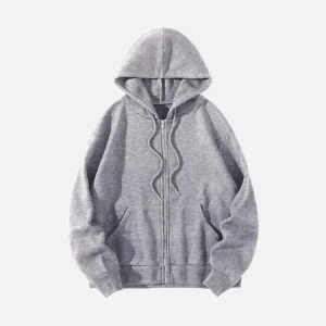 Grey Basic Zip Up Drawstring Hoodie