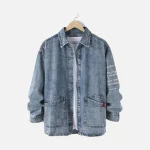 Mens Acid Wash Letter Sleeve Denim Jacket