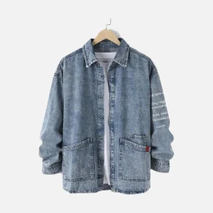 Mens Acid Wash Letter Sleeve Denim Jacket