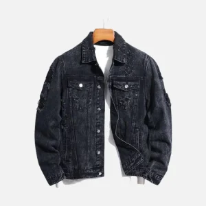 Mens Black Distressed Denim Jacket