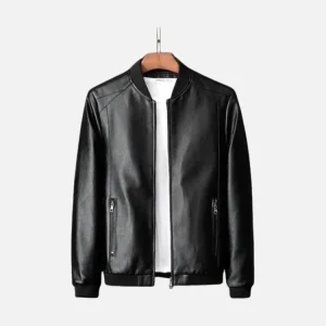 Mens Black Stand Collar Leather Jacket