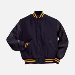 Navy And Gold Stripe Wool Varsity Jacket