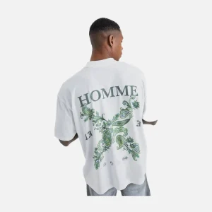 White Homme Floral Back Print T-Shirt