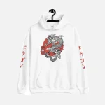 White Japanese Dragon Sleeve Print Hoodie