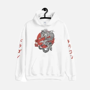 White Japanese Dragon Sleeve Print Hoodie