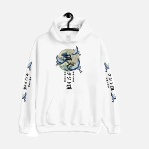 White Japanese Great Wave Print Hoodie