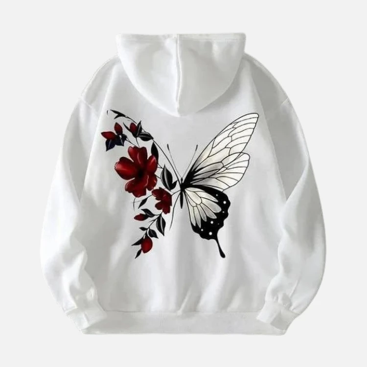 White Red Flower Butterfly Print Hoodie White Red Flower Butterfly Print Hoodie
